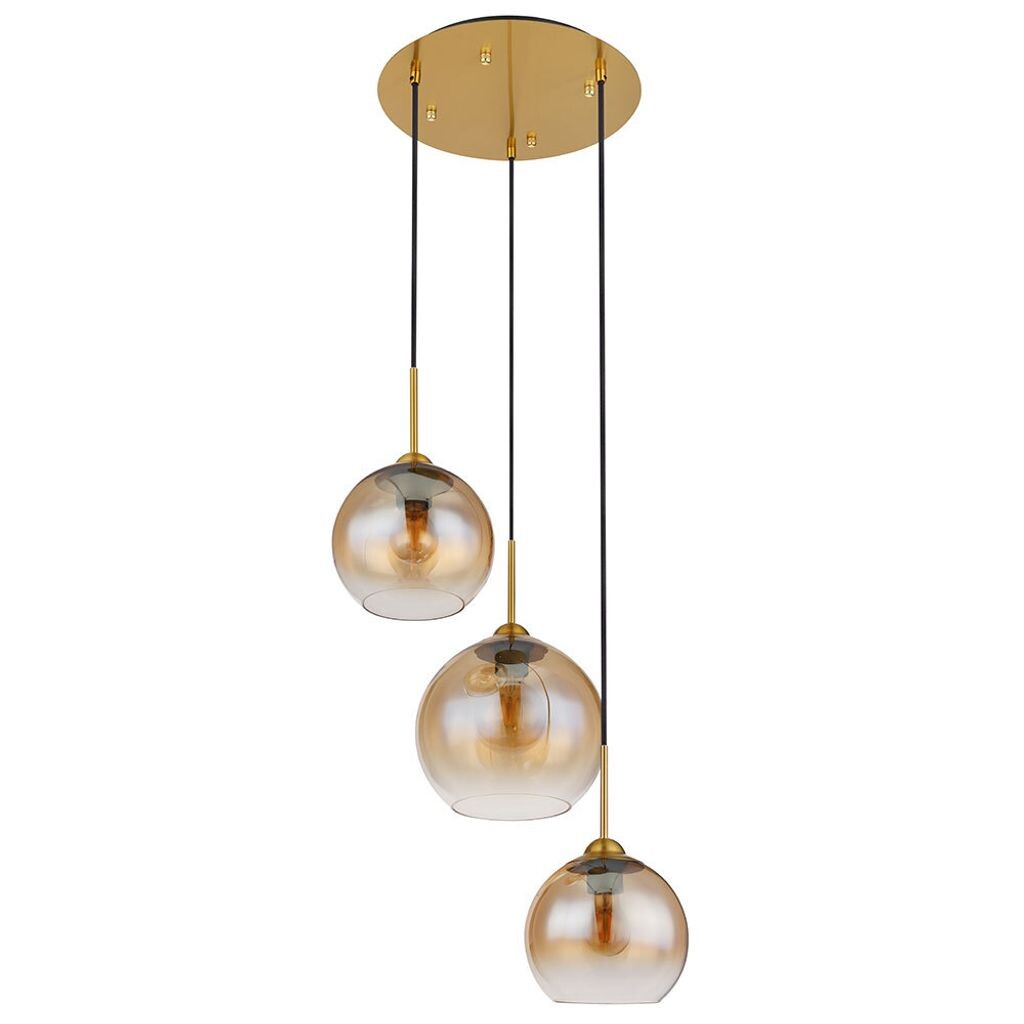 

Подвесной светильник, металл, латунь, янтарное стекло, 3 лампочки, D 43 см. Globo Lighting, золото