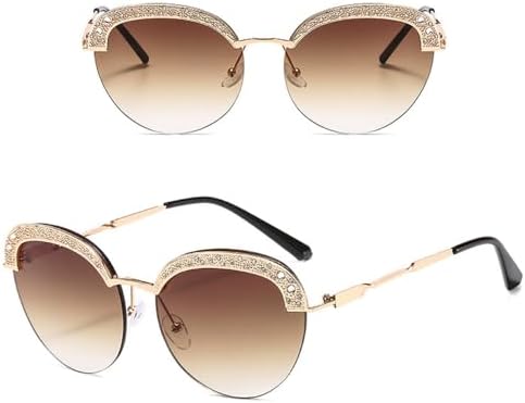 

Круглые солнцезащитные очки для женщин, полуободковая оправа из сплава с алмазной оправой, градиентные линзы, металлические петли, защита от УФ-излучения UV400 MTZJH, C3