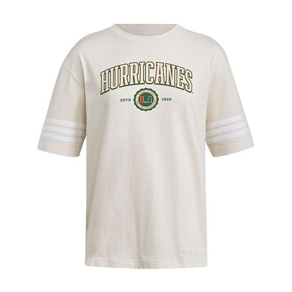 Женская футболка оверсайз Miami Hurricanes с тремя полосками в кремовом цвете Adidas — фото 3