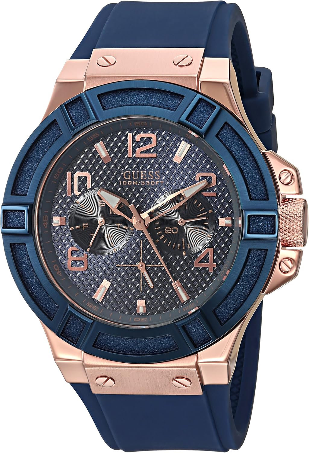 

GUESS мужские часы Rigor Iconic Blue, устойчивые к загрязнениям, силикон, Blue/Rose Gold Tone/Blue