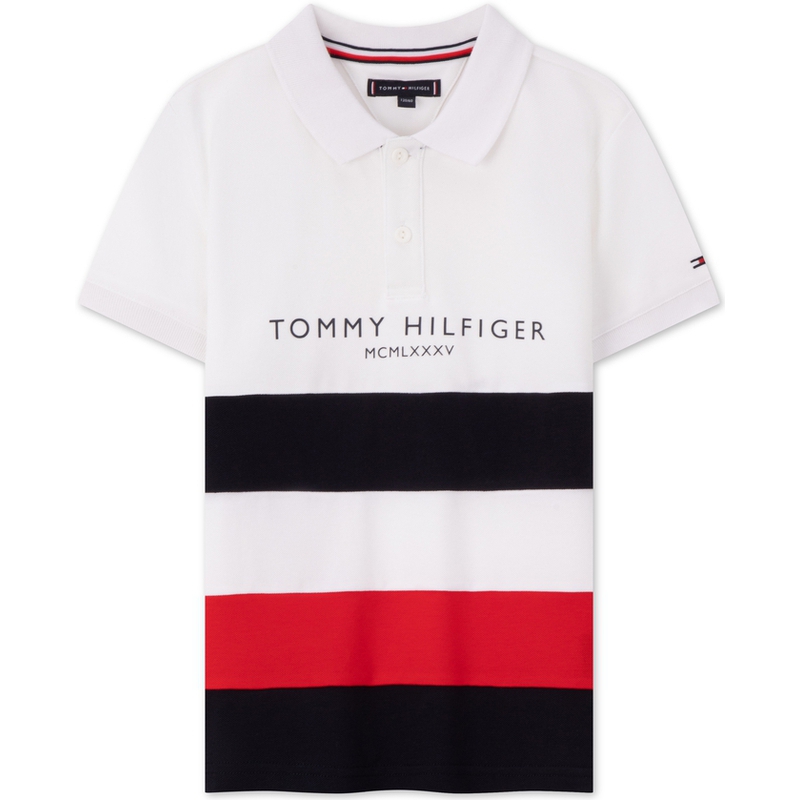 

Tommy Hilfiger Модная повседневная минималистичная футболка с коротким рукавом и полосками-буквами black white red multicolor для детей