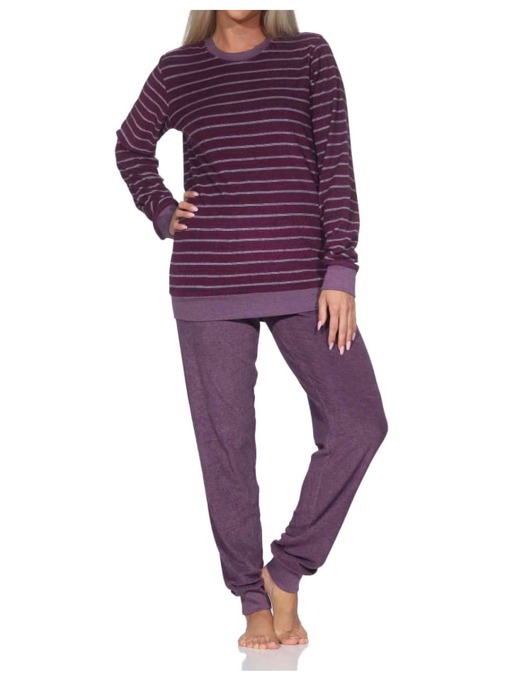 

NORMANN Пижама из махровой ткани с длинными рукавами, манжетами и полосатым узором ягодного цвета