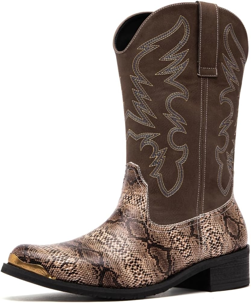 

Мужские полусапоги Hawecobo Monty с заостренным носком, на растяжке, повседневные джекбуты до середины голени, вестерн-ковбойские сапоги с принтом под змею, вышитый голенище, коричневый