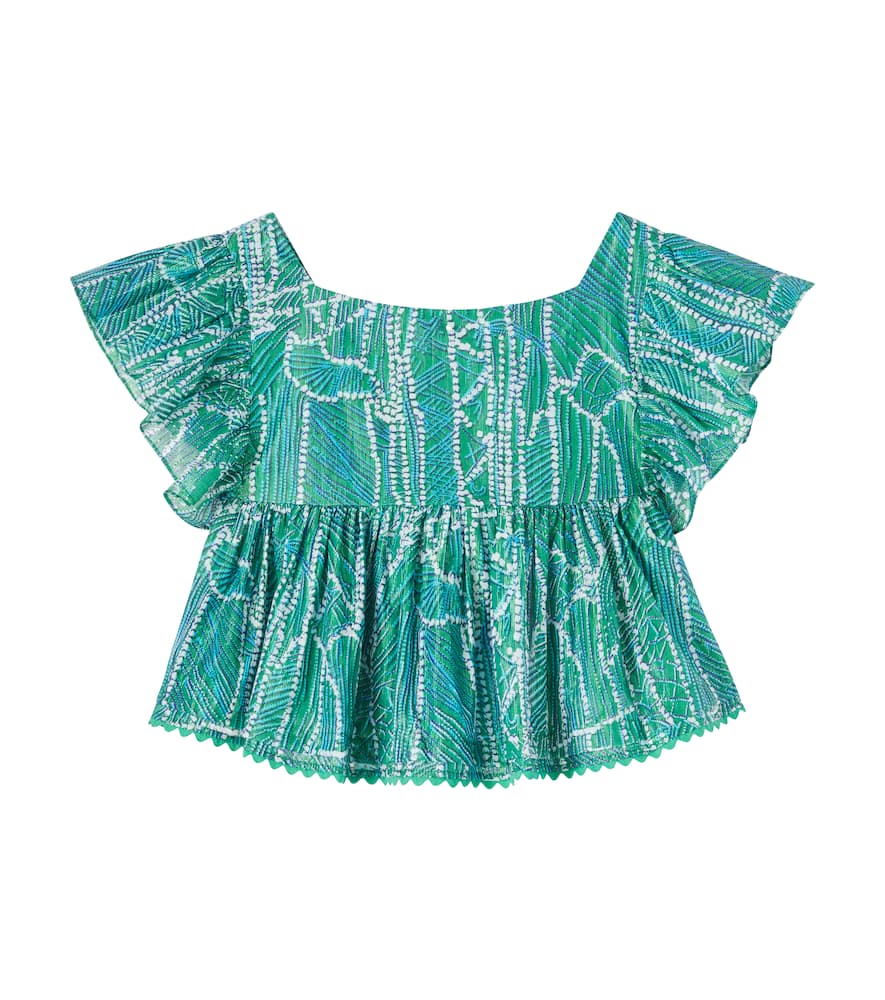 

Топ с рюшами из смесового хлопка с принтом Cycas Poupette St Barth Kids, Green Akoya