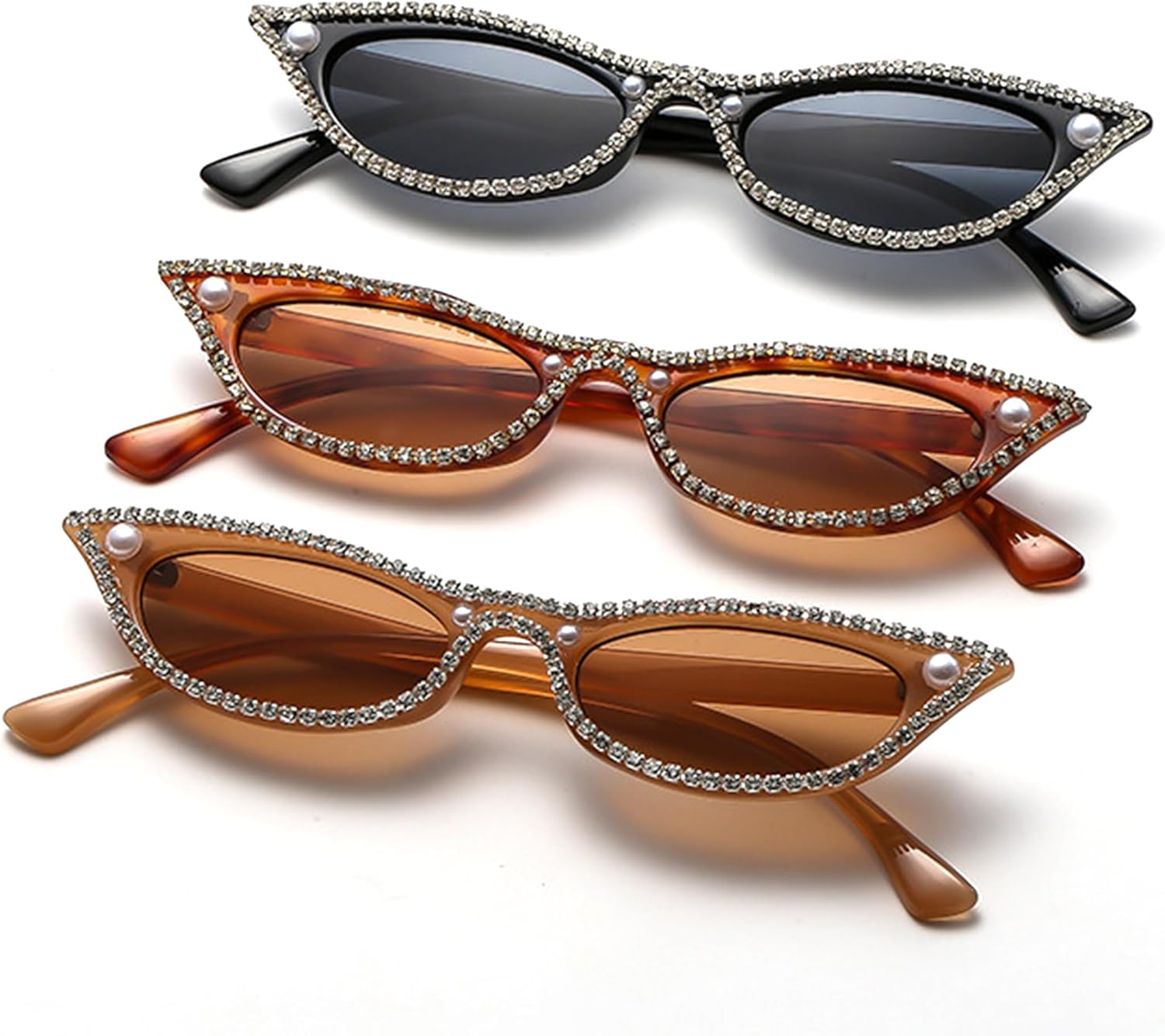 

bullabulling Модные блестящие солнцезащитные очки «кошачий глаз» со стразами для женщин, ретро-узкие солнцезащитные очки «кошачий глаз» с бриллиантами и тонированными линзами, Black