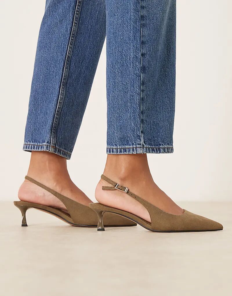 Туфли ASOS DESIGN Wide Fit Skip с открытой пяткой и каблуком-рюмочкой из замши оливкового цвета