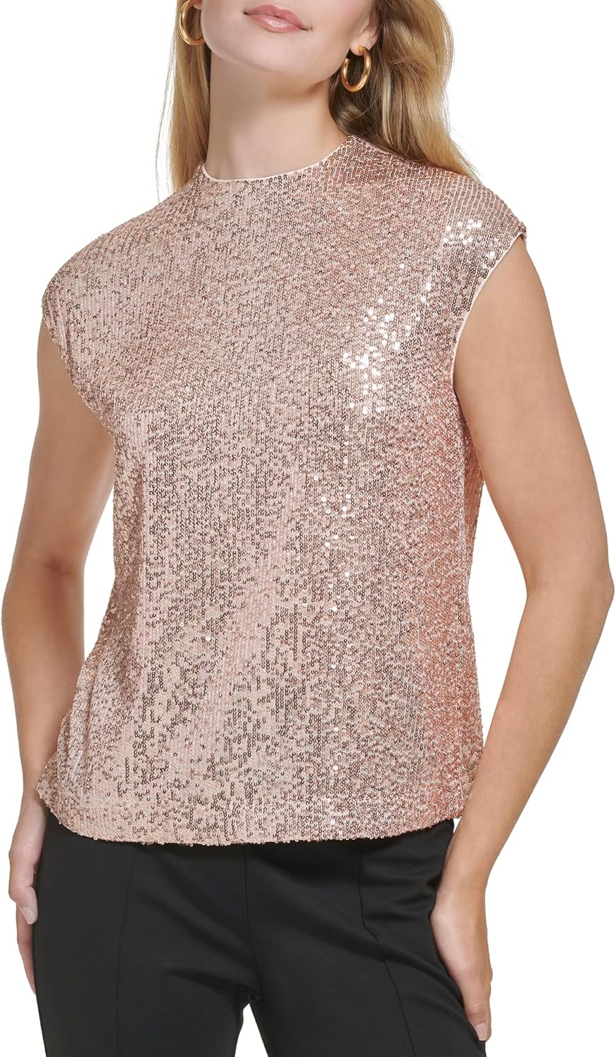 

Элегантная женская блузка без рукавов с высоким вырезом и блестящей сеткой Calvin Klein, Champagne Gold