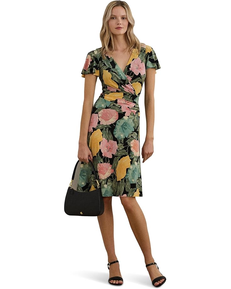 

Платье Lauren Ralph Lauren Floral Stretch Jersey Surplice Dress, цвет Black/Pink/Green