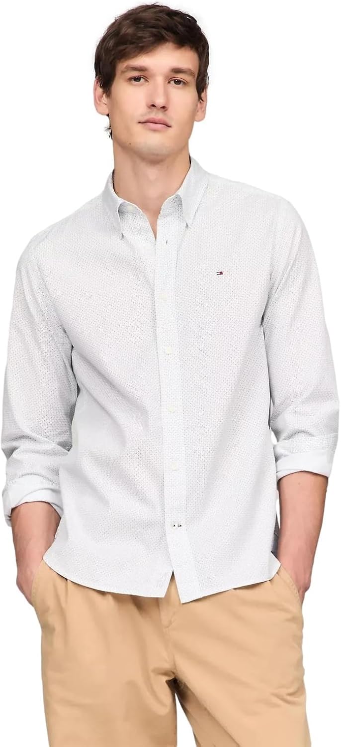 

Мужская фирменная рубашка TOMMY HILFIGER с длинным рукавом и застежкой на пуговицы, классического кроя, коллекция 2025 года, Micro Print Breezy Blue Multi.