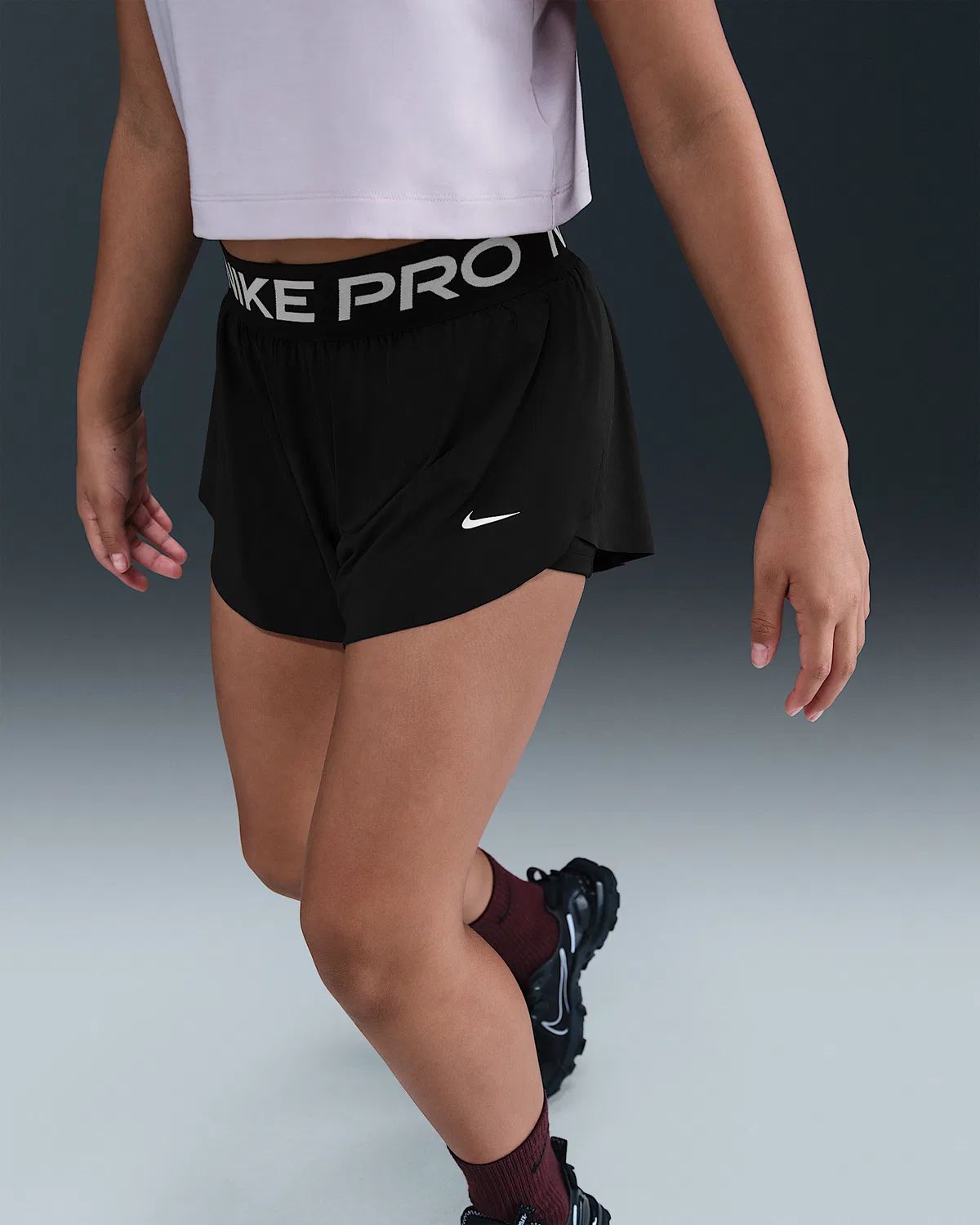 Детские (девочки) шорты Nike Pro Dri-FIT 2-in-1, Black/Black/White — фото 2