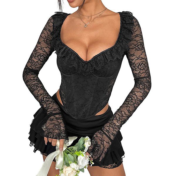 

Женская блузка с кружевным топом, сетчатым верхом, рюшами на воротнике и длинными расклешенными рукавами Yesfashion, Black