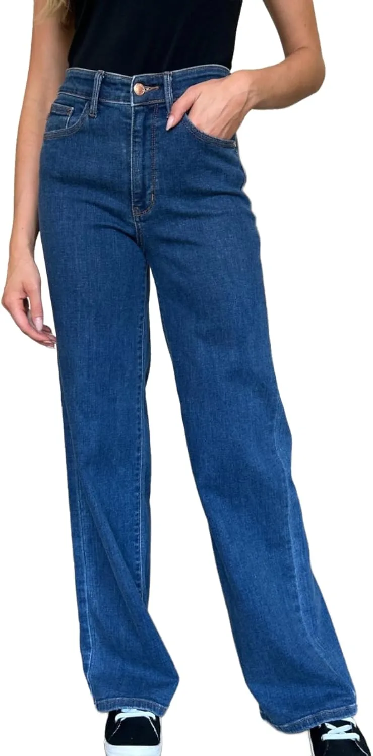 

Judy-B женские джинсы casual винтажные с высокой посадкой и прямыми штанинами, потертые, средний синий, полная длина, на пуговицах Yanhoo