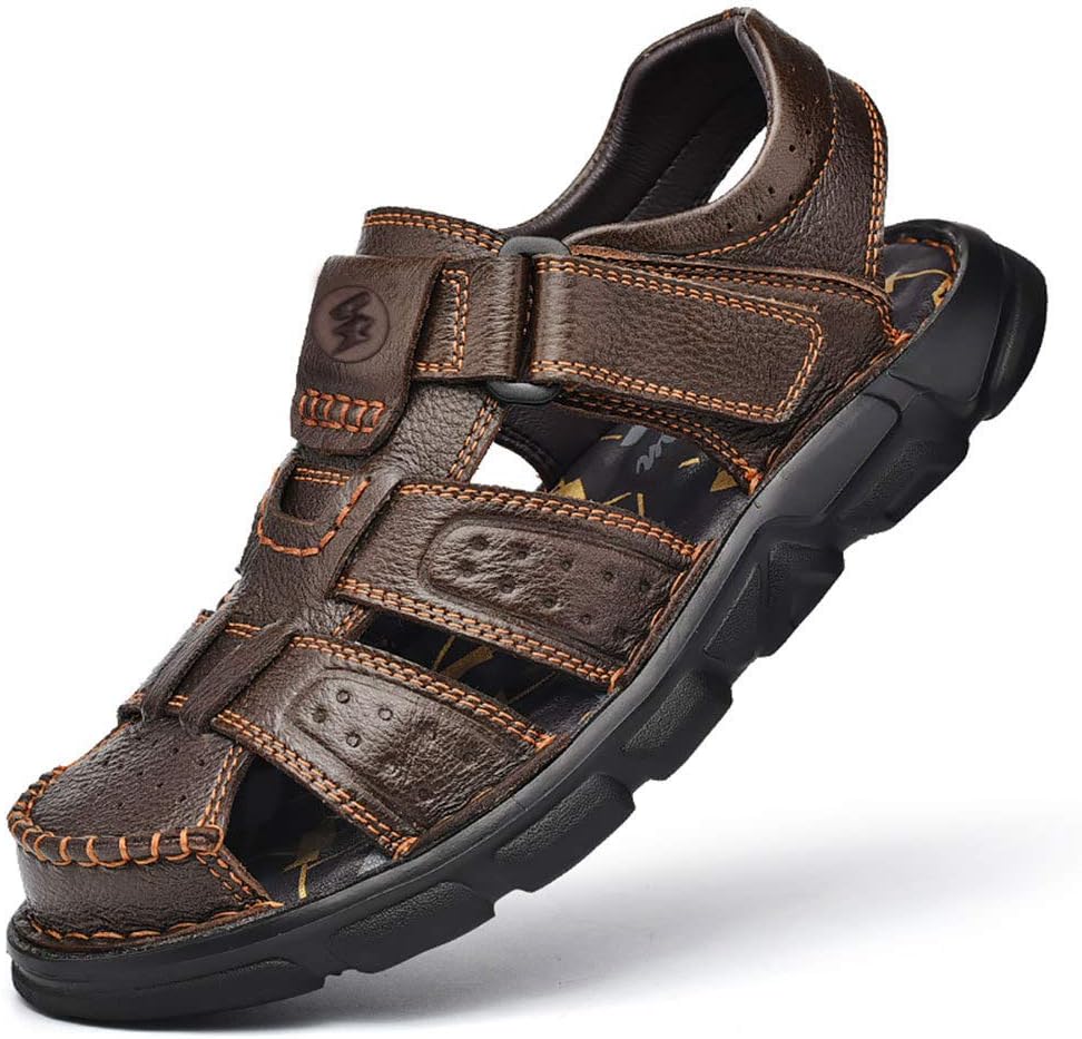

Мужские кожаные сандалии YONGJIA ручной работы с закрытым носком, повседневные, для улицы, регулируемые летние туфли, коричневый