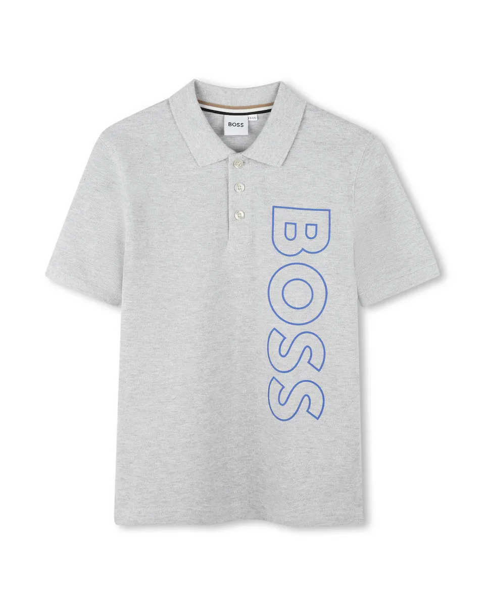

Рубашка-поло для мальчика из 100% хлопка с вертикальным логотипом BOSS Kidswear, светло-серый