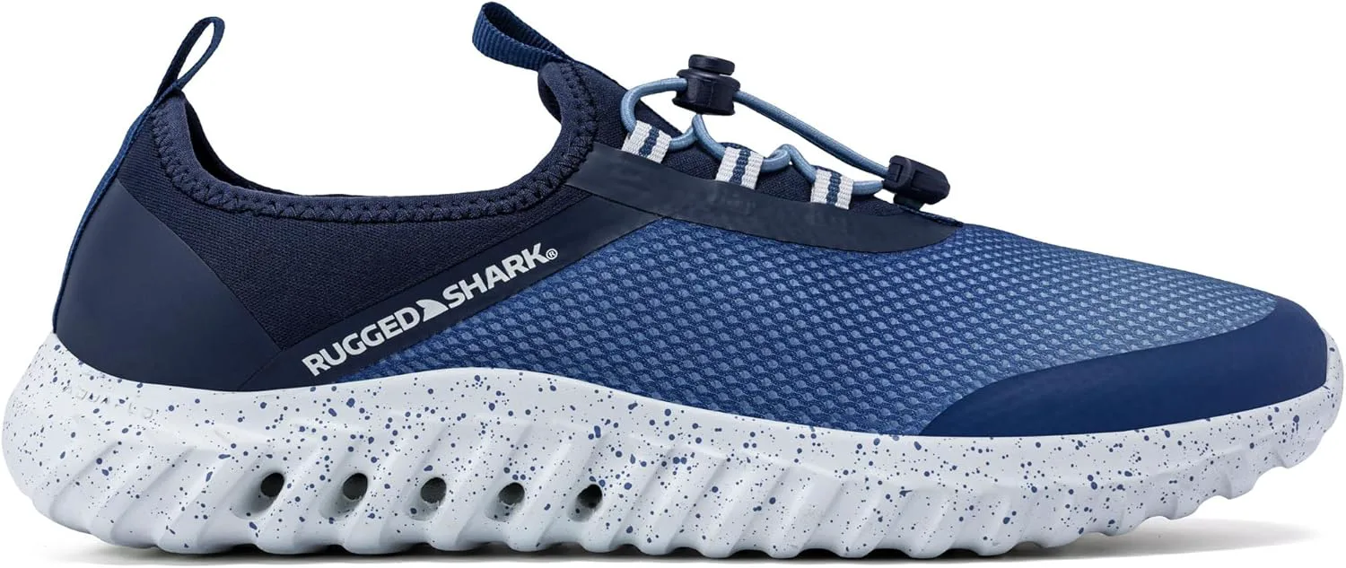 Мужские водные туфли RUGGED SHARK Cay - подошва с дренажной системой EVA AQUAFLO, верх из неопрена и сетки, крепление на шнурок-банджи, легкие и дышащие, модель без застежек, идеально подходят для пляжа, реки и водных видов спорта, синий — фото 2