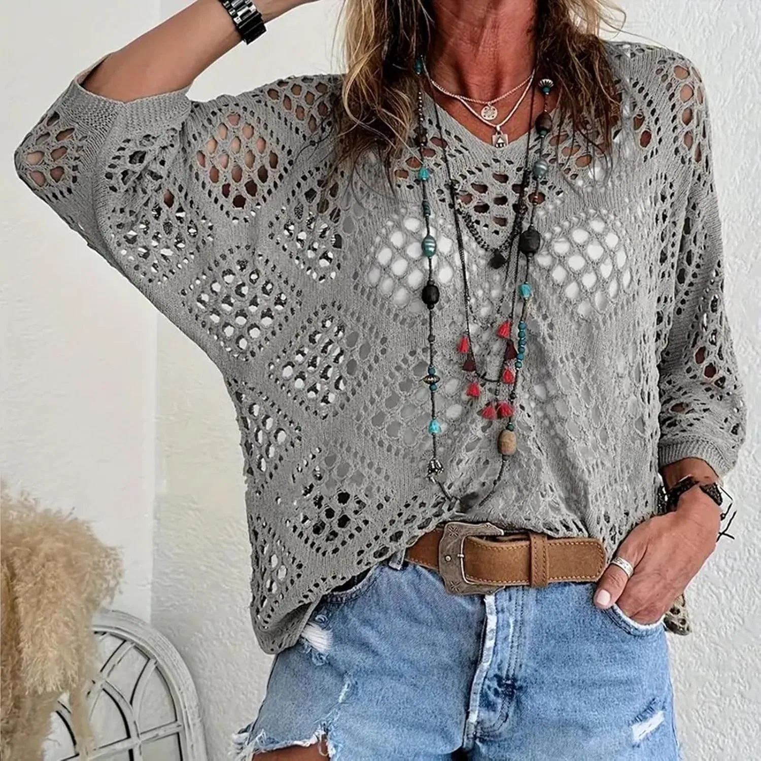Блуза, V-образный вырез, Dolman T-Shirt, серый — фото 2