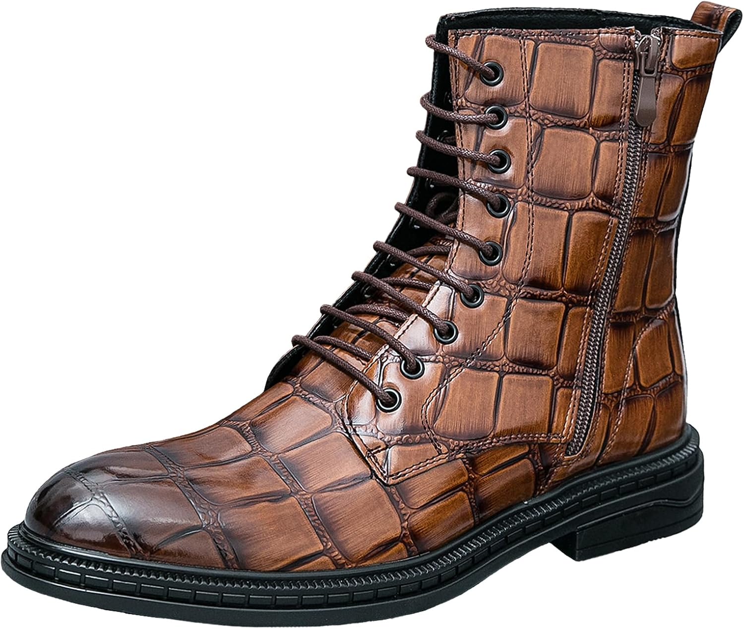 

Мужские высокие ботинки на шнуровке с кожаным принтом, байкерские, модные, с боковой молнией, водонепроницаемые, противоскользящие, повседневные ботинки Чукка до щиколотки, деловые офисные ботинки Qijozxn, коричневый