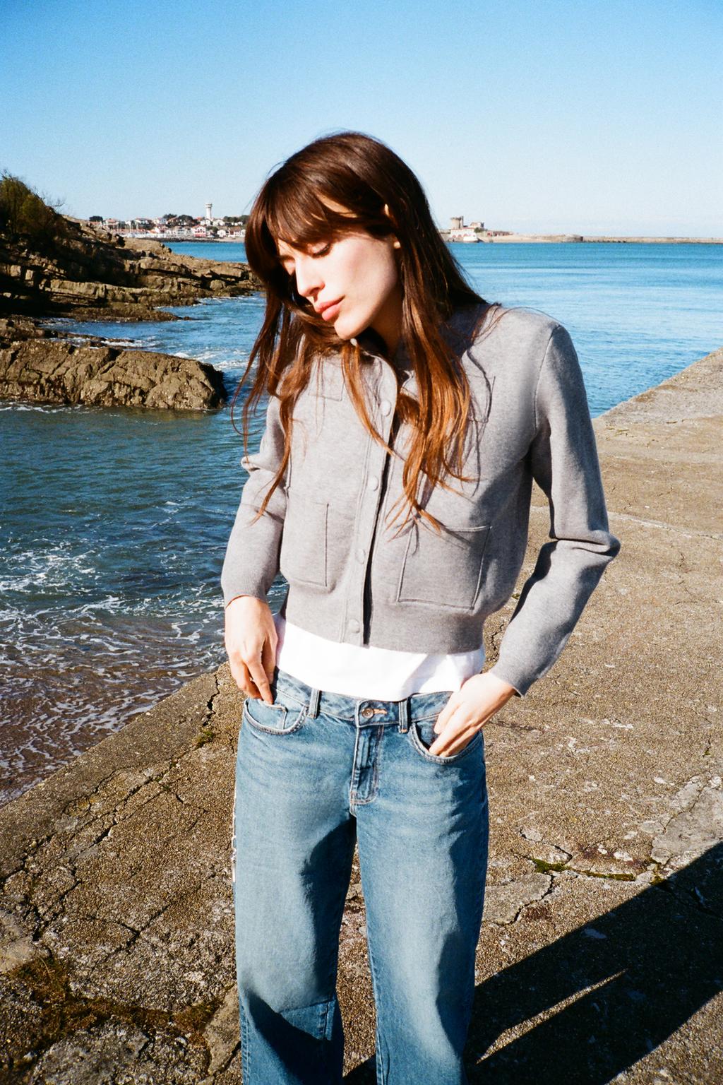 

Однотонная трикотажная куртка-бомбер с наплечниками ZARA, серый марл