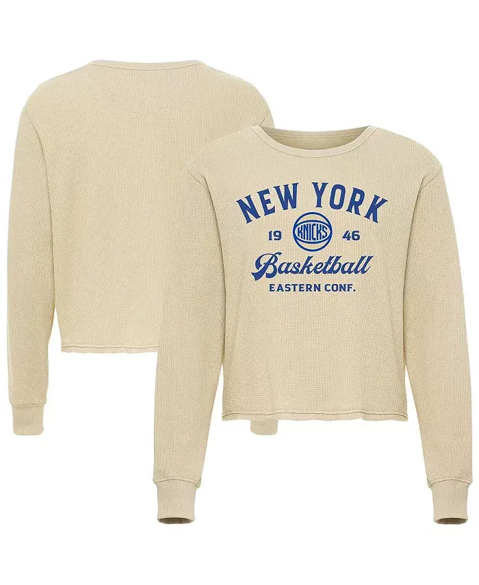 

Мужская и женская кремовая футболка с длинным рукавом New York Knicks High Country Collection Cullen в рубчик Sportiqe