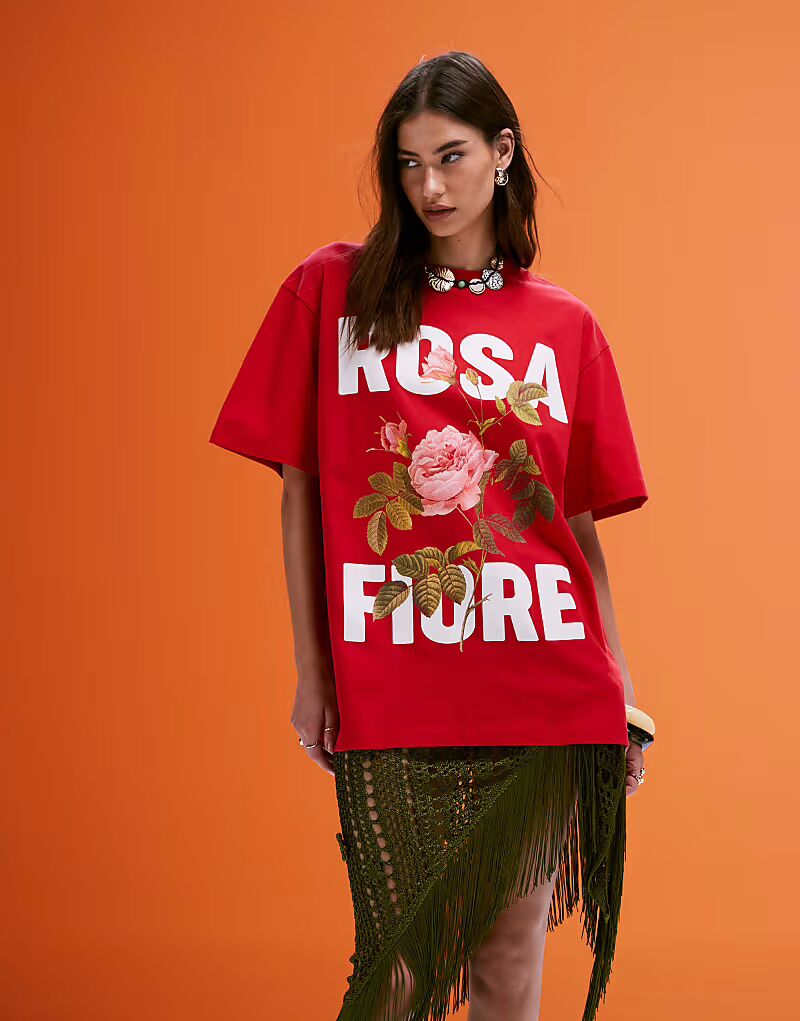 

Футболка свободного кроя ASOS DESIGN с принтом Rosa fiore красного цвета