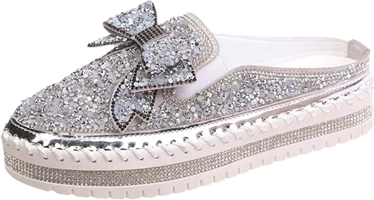 

Женские слипоны-мюли Hbeylia с пайетками и стразами, дизайн с бантом, платформа на танкетке, дышащие тапочки, обувь для походов, работы, для медсестры, на массивной плоской подошве, сандалии для прогулок, серебро