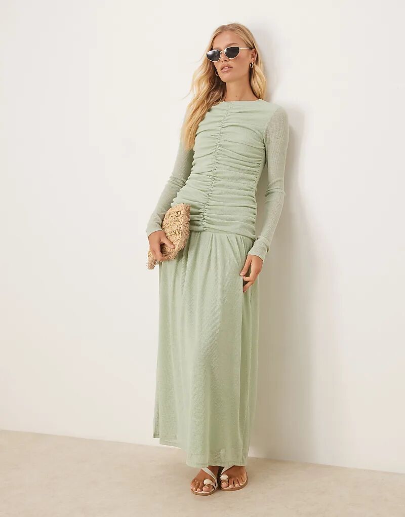 

Длинное платье ASOS DESIGN с фактурной отделкой в рубчик, длинными рукавами и сборками спереди, мятного цвета