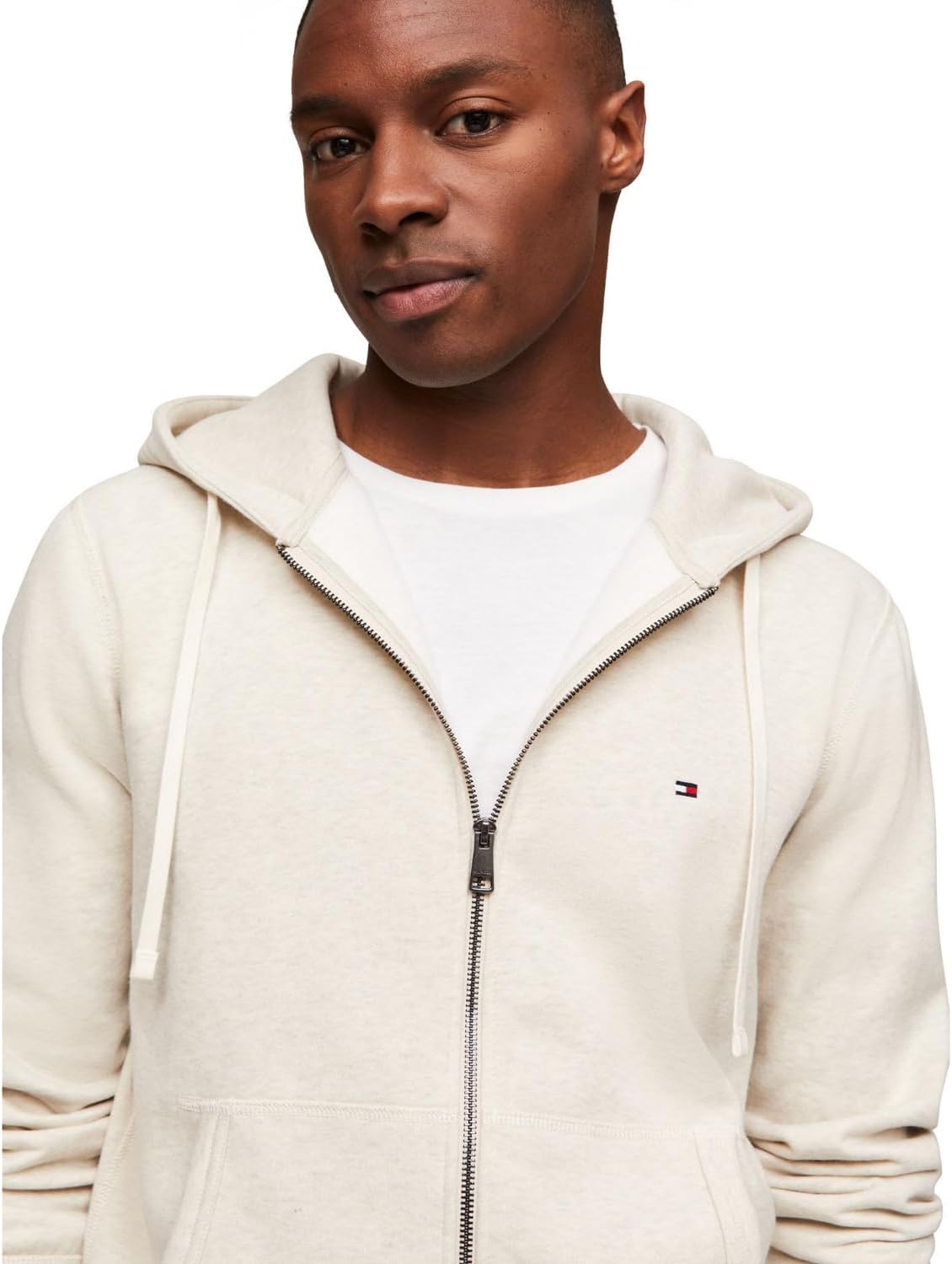 Мужская флисовая толстовка с капюшоном Tommy Hilfiger средней плотности на молнии, Heathered Oatmilk — фото 2
