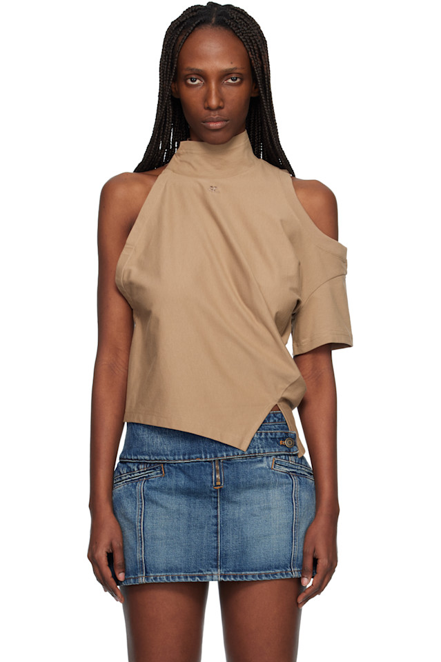 

Courrèges Бежевая трикотажная футболка с витым узором