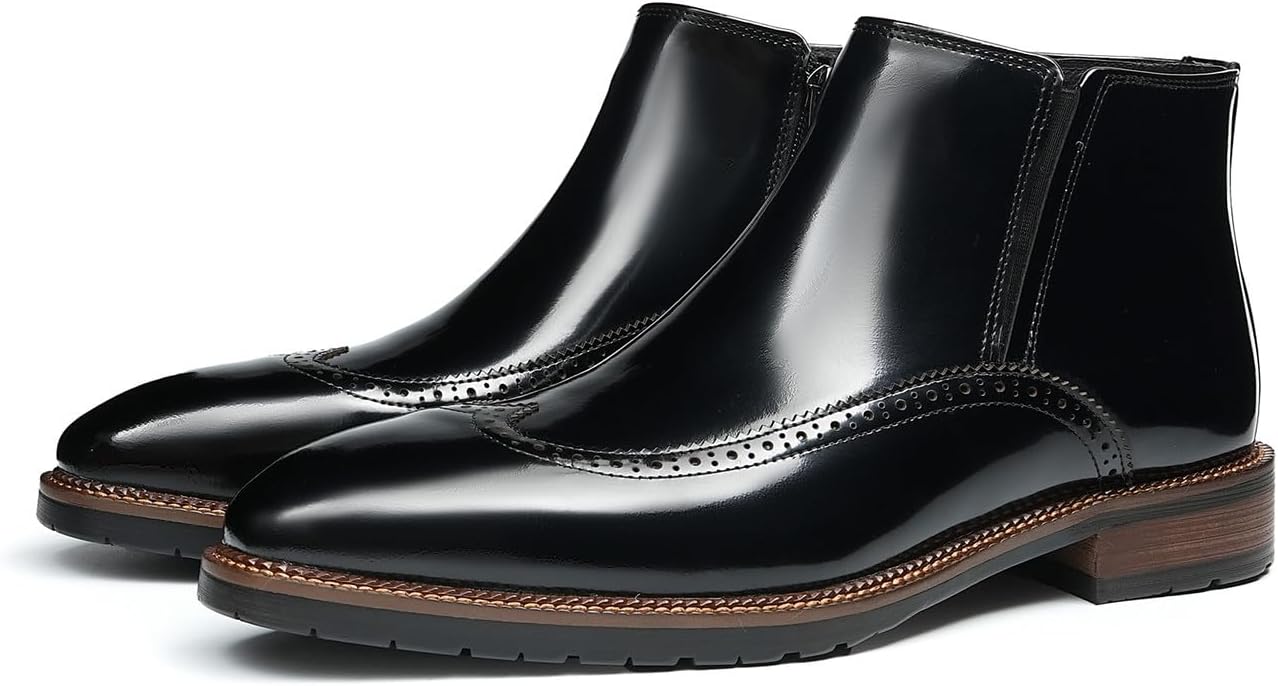 

Мужские ботинки Santimon Chelsea из натуральной кожи - полированные броги с крыльями, повседневные и деловые ботинки с боковой молнией для офиса, официальных мероприятий, выпускного и свадьбы, черный