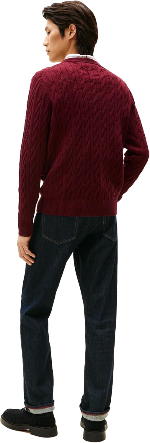 Мужской свитер Tommy Hilfiger Crest Cable Knit Crewneck, легкий пуловер, Deep Burgundy Heather — фото 4