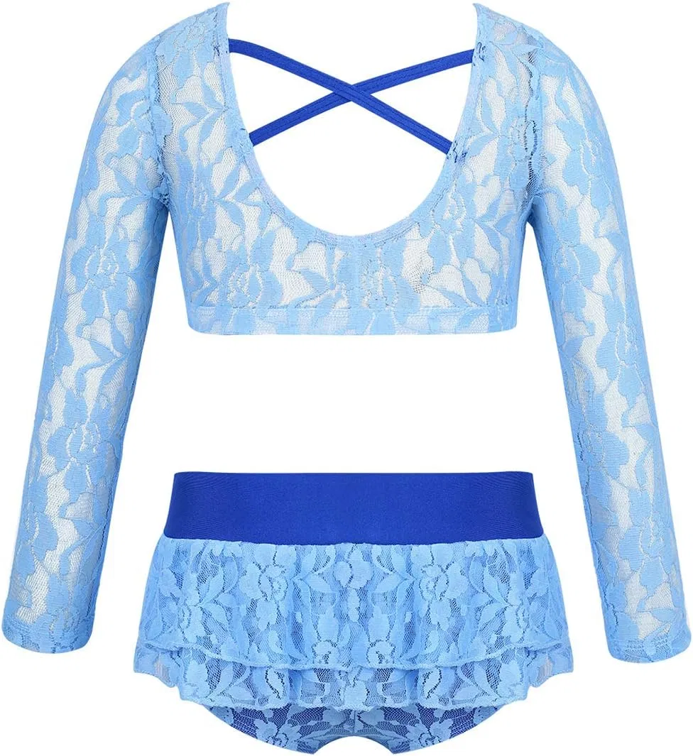 Детский спортивный комплект Agoky 2 предмета, топ с пайетками и шорты, Sky_blue Lace — фото 2
