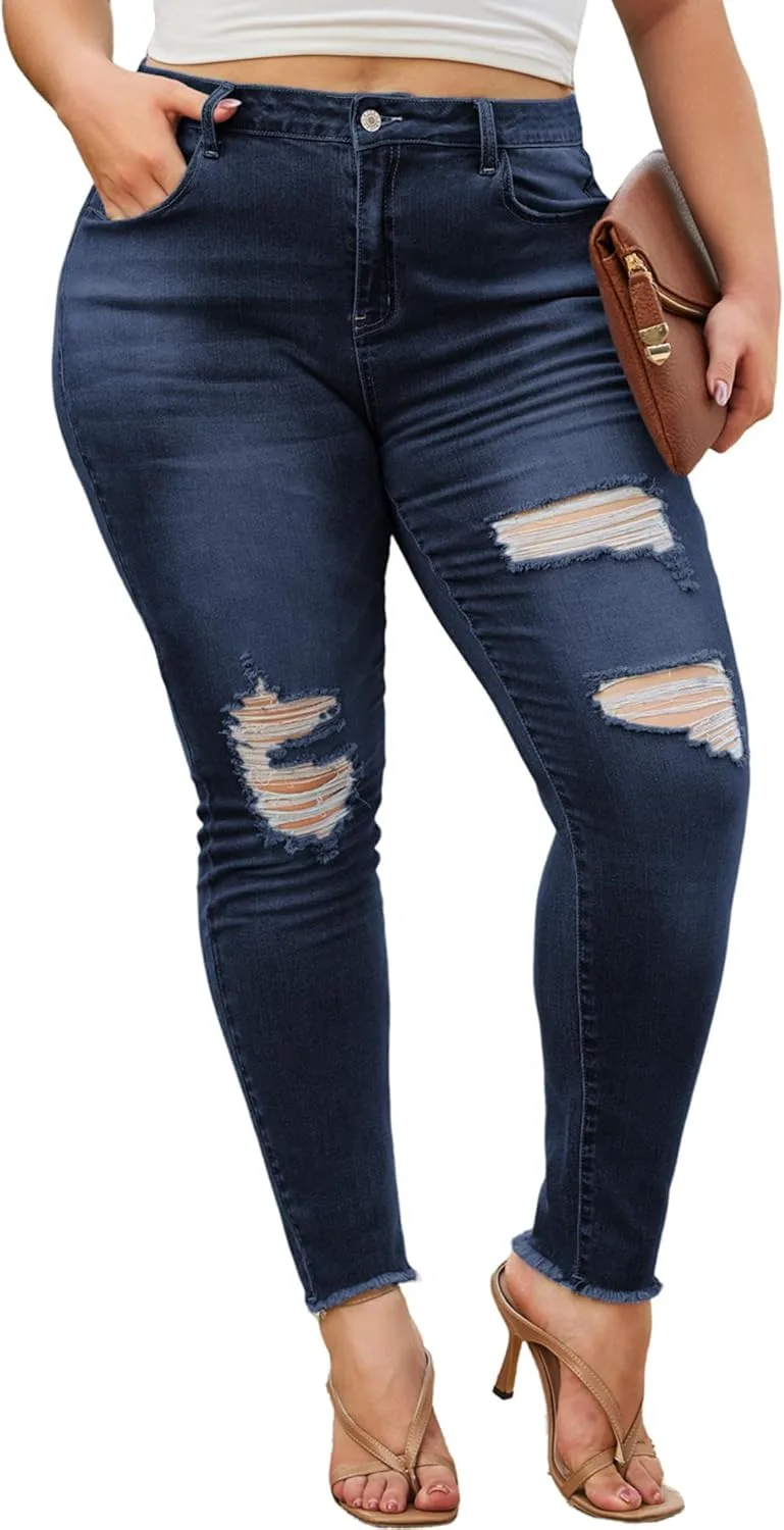 

LALAGEN Women 2026 Plus Size Skinny Jeans Stretchy High Waisted Ankle Jean Destroyed Ripped Denim Pants 1X-5X