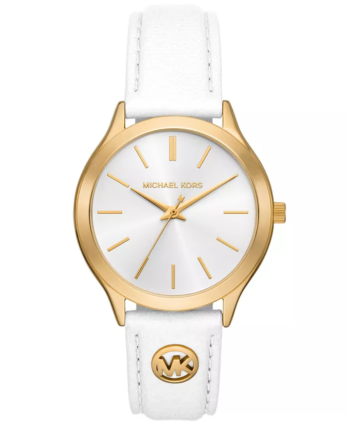 

Женские тонкие подиумные часы с тремя стрелками, белые кожаные, 38 мм Michael Kors