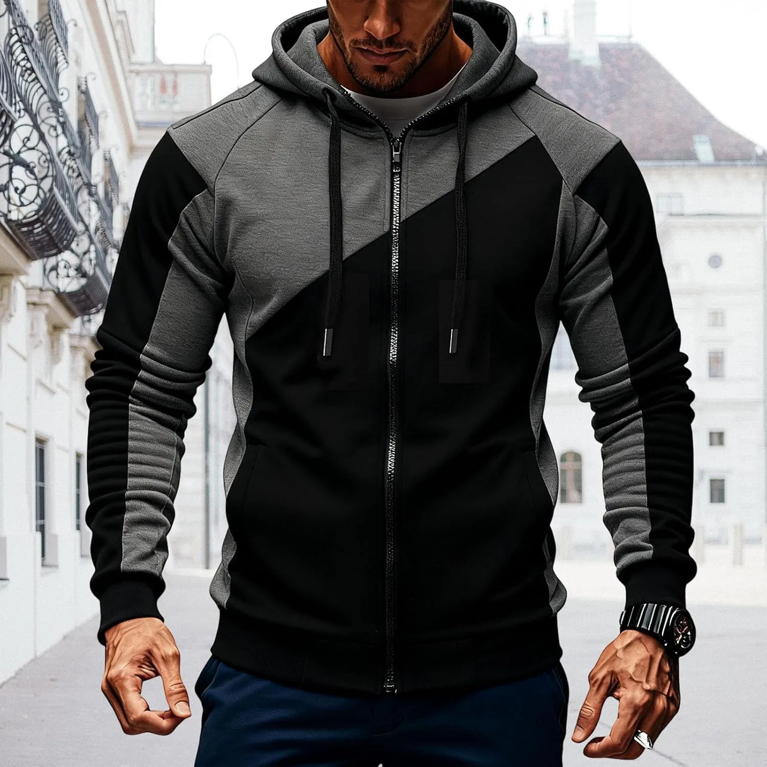 Мужская худи с молнией, контрастная, Dark Gray — фото 3
