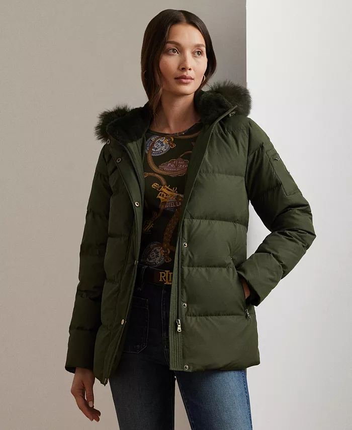 

Женское стеганое пальто с капюшоном из искусственного меха Lauren Ralph Lauren, зеленый