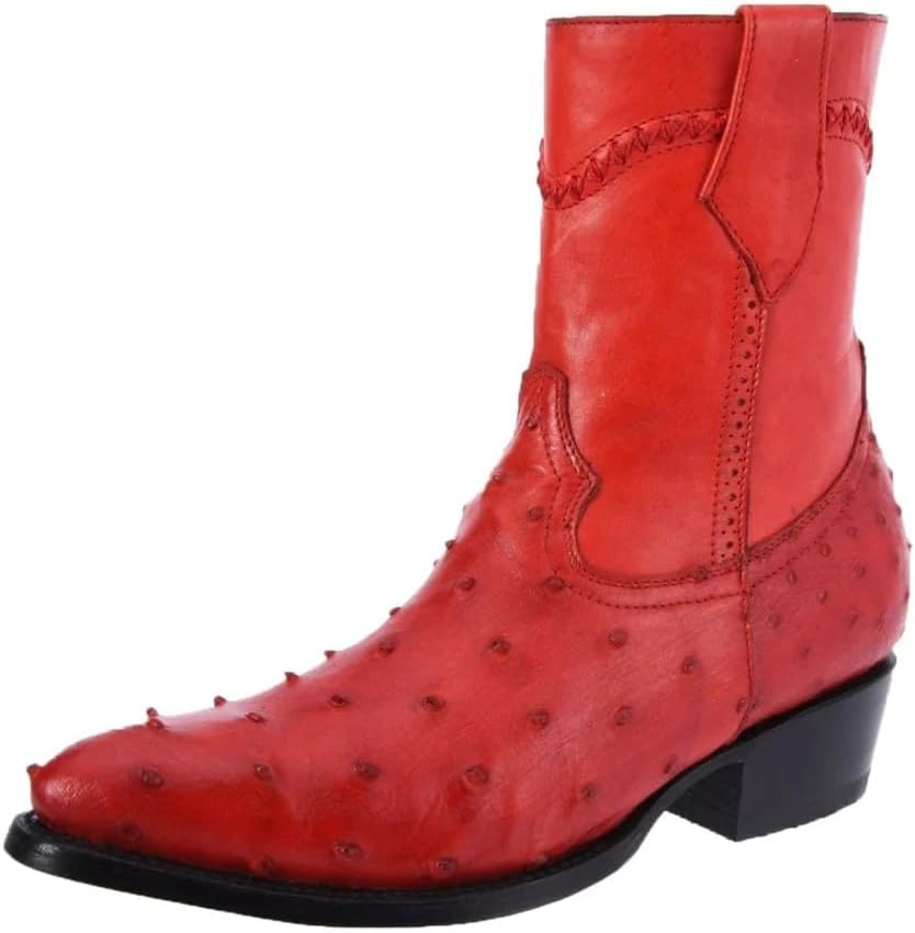 

Мужские подлинные красные экзотические короткие ковбойские ботинки на щиколотку из кожи страуса с полной щетиной, с молнией и закругленным носком J-Toe Generic