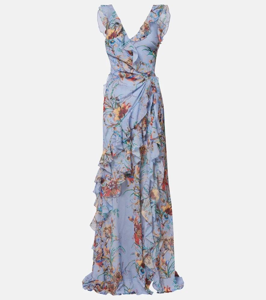 Длинное платье с принтом и оборками Etro, синий
