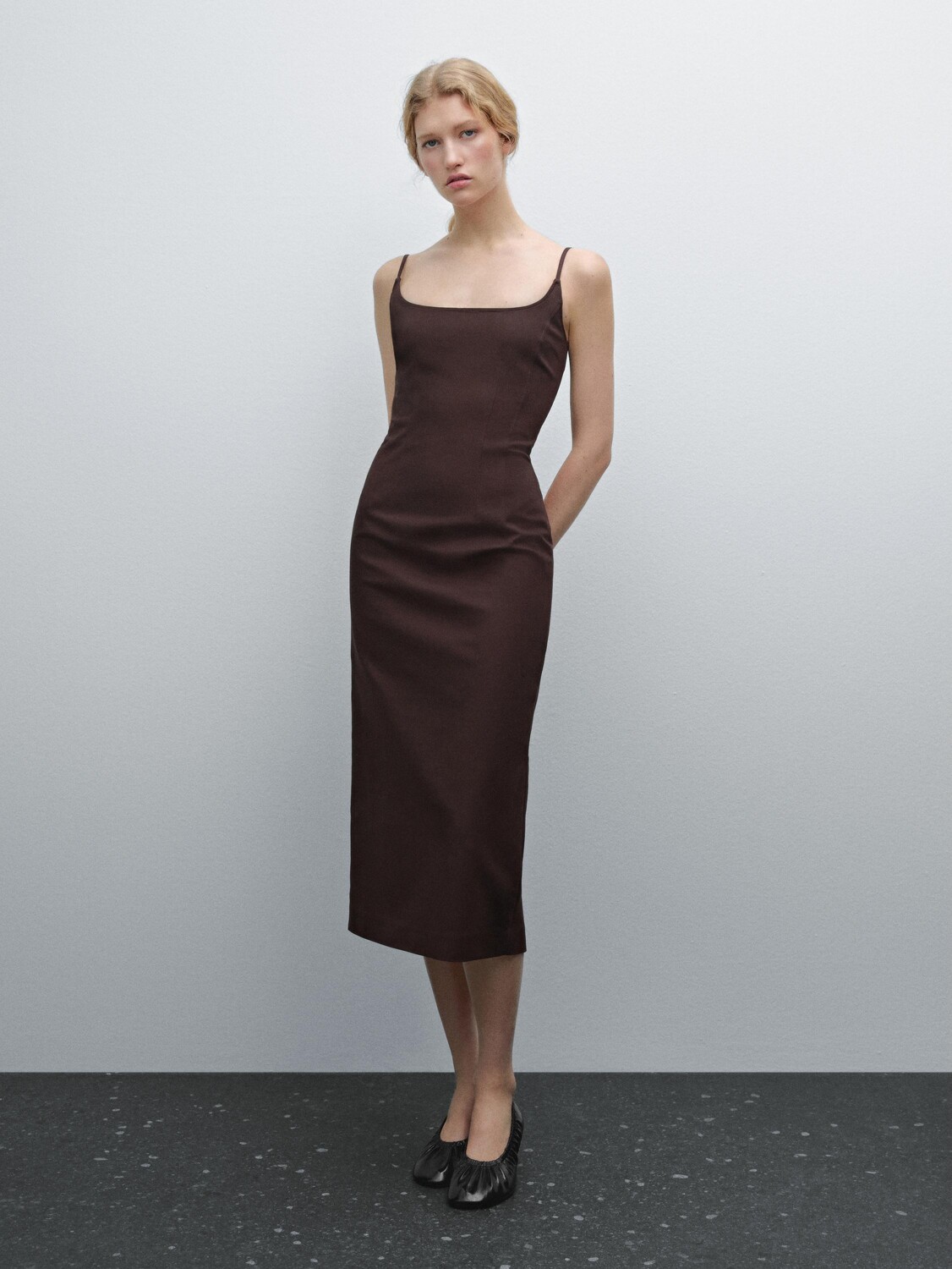 

Платье миди из хлопковой смеси на бретелях Massimo Dutti, бордовый