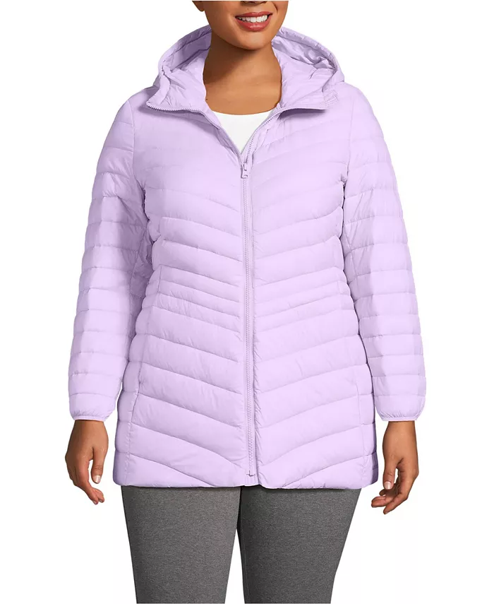 

Длинная куртка-пуховик с капюшоном больших размеров Wanderweight Packable Lands' End, фиолетовый