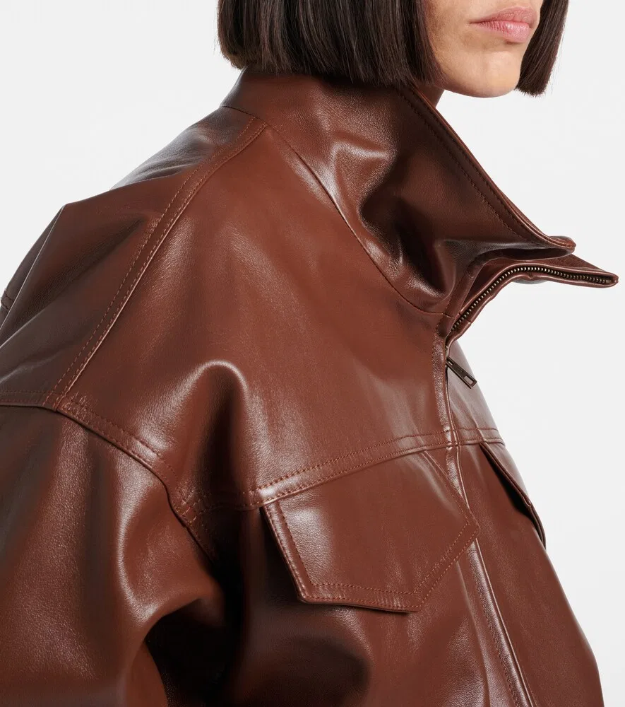 Укороченная кожаная куртка свободного кроя Balenciaga, коричневый — фото 3