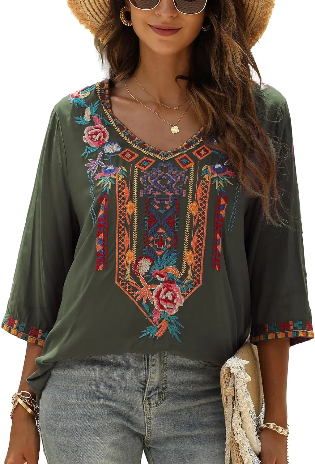 Блуза, Peasant Top Mexican Shirt, бренд, зеленый