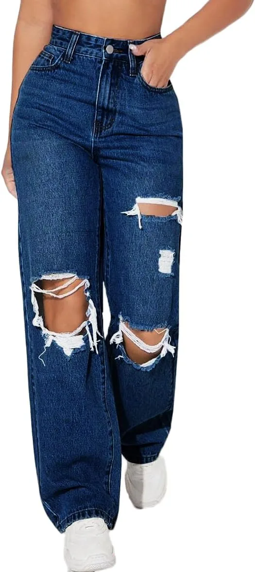 GPCHAN Джинсы для женщин Ripped Straight Leg High Waisted Casual Loose Distressed Boyfriend