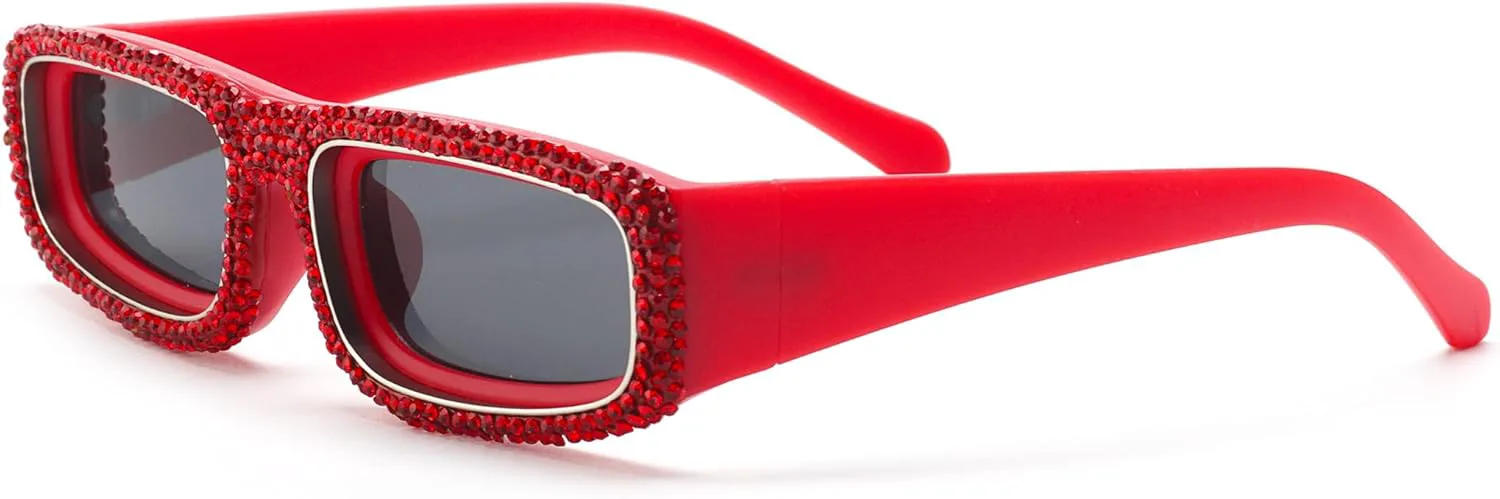

Женские солнцезащитные очки Bullabulling в узкой прямоугольной оправе со стразами, ретро, ​​маленькая квадратная оправа, бриллианты, блестки, кристаллы, Red