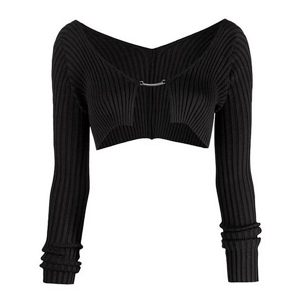 

Женский укороченный кардиган с длинным рукавом, в рубчик и рюшами Seoria, Black