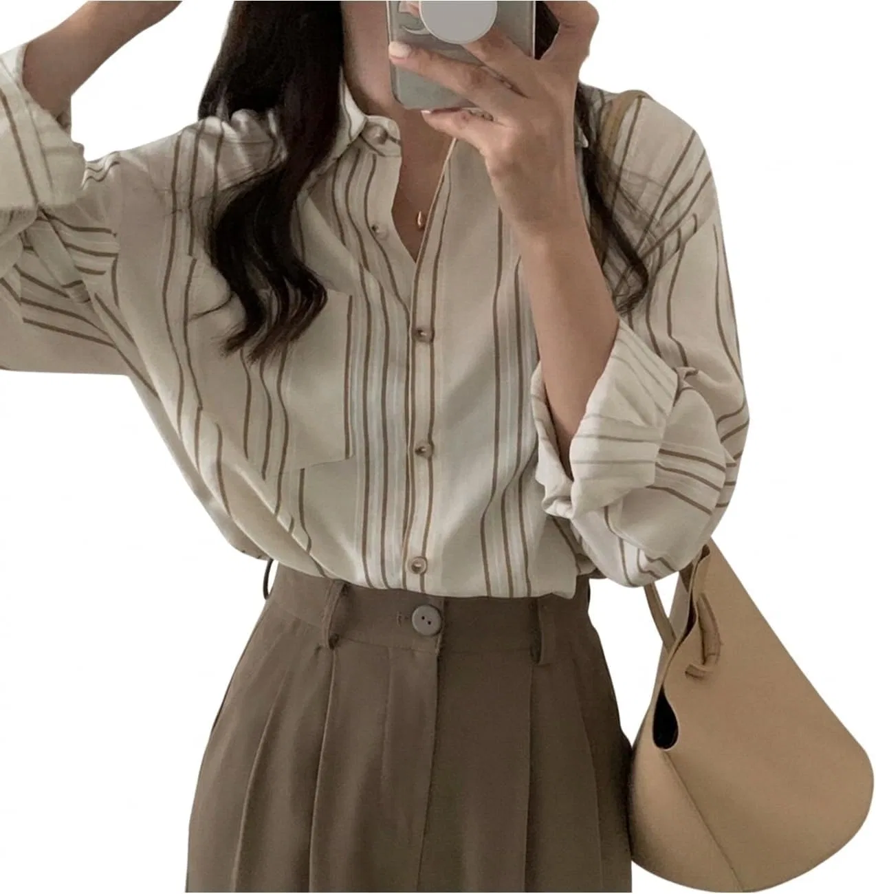 Блуза женская, струящаяся ткань, полоска, Regular fit, Apricot stripe