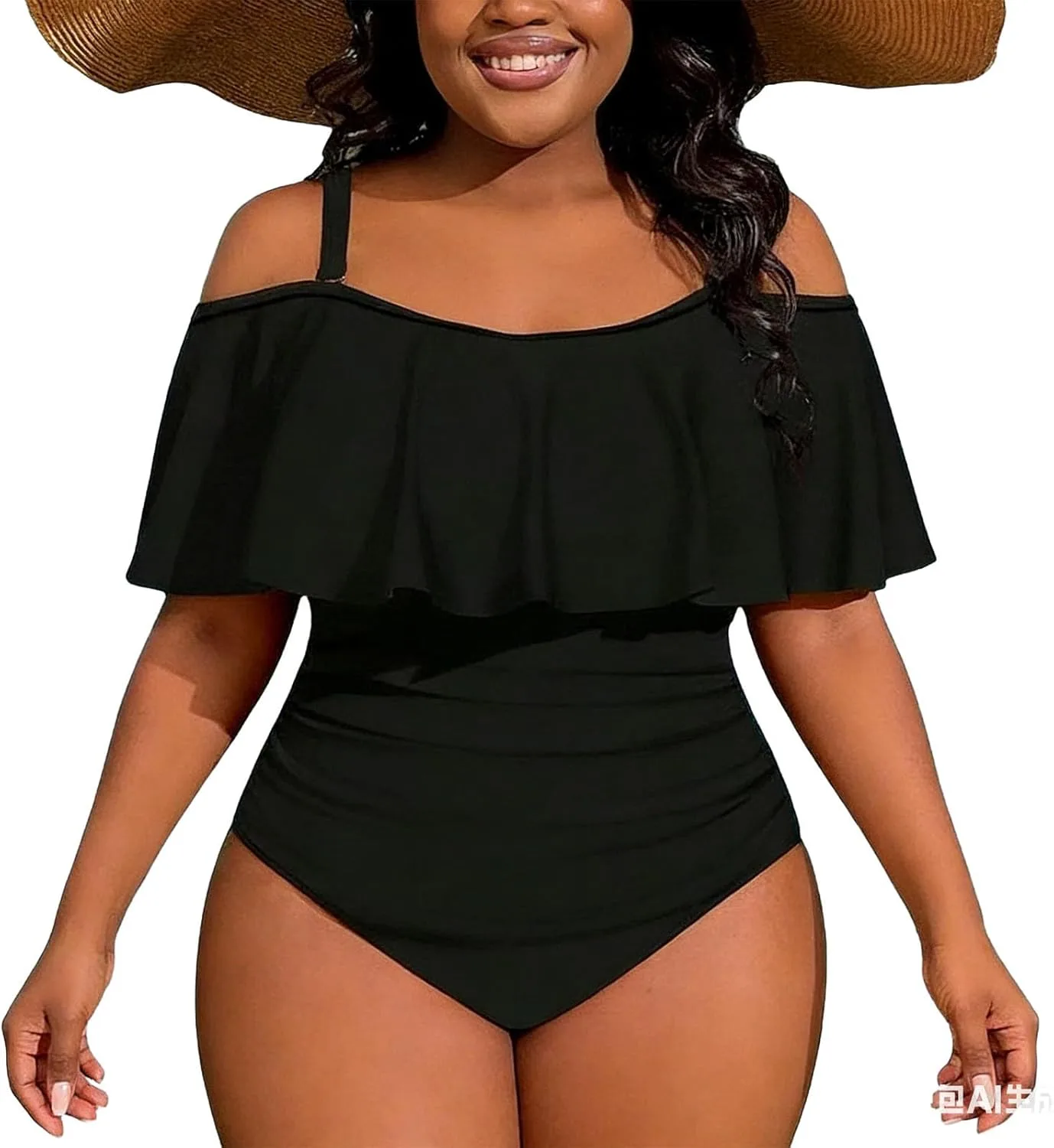 Купальник Off Shoulder Plus Size для женщин цельнокроеный с высоким разрезом и рюшами, утягивающий, оверсайз Generic, черный