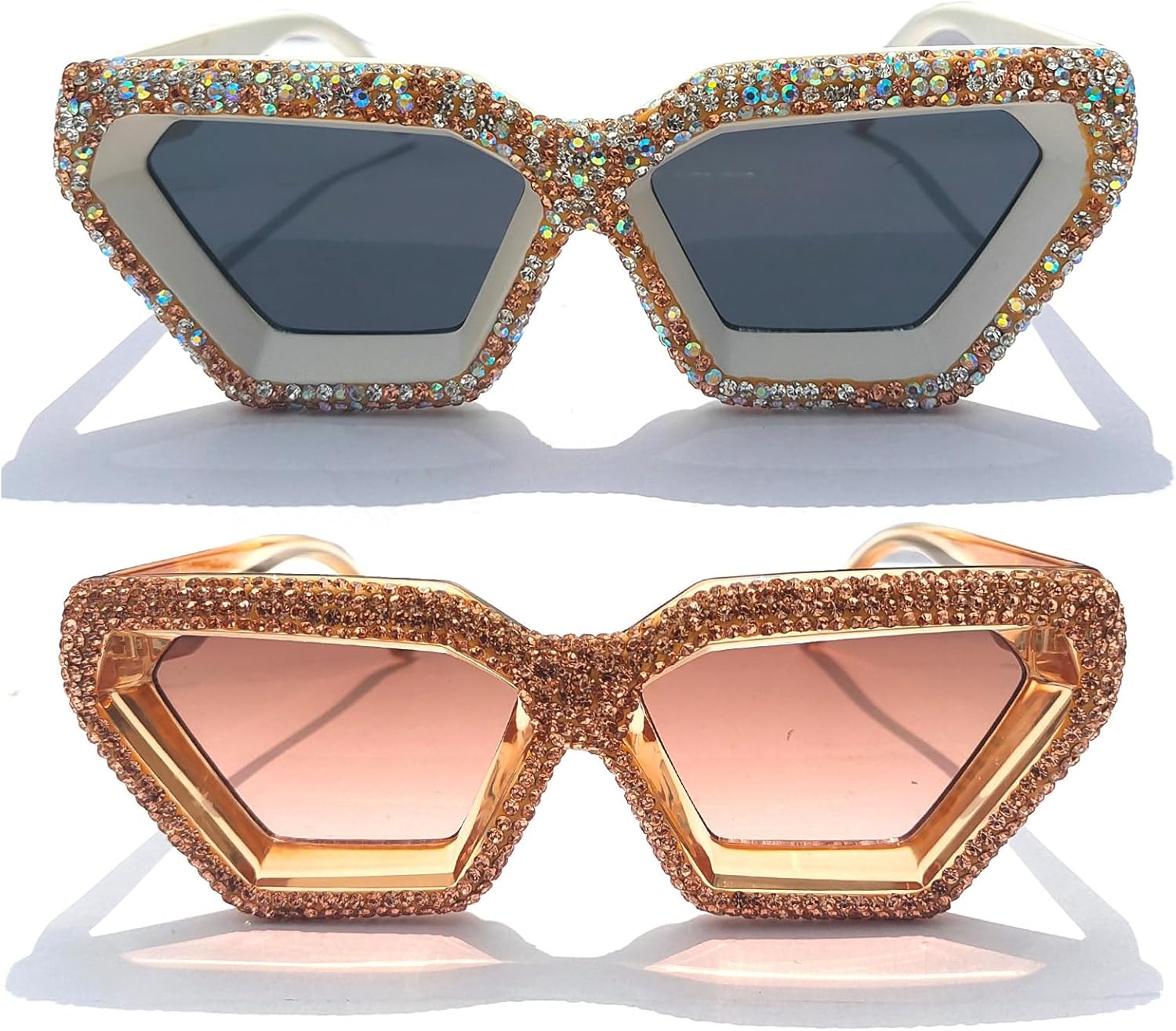 

Willochra Модные солнцезащитные очки неправильной формы с квадратными стразами для женщин, хрустальные очки для вечеринок, сверкающие бриллиантовые очки, 2pcs-brown&white