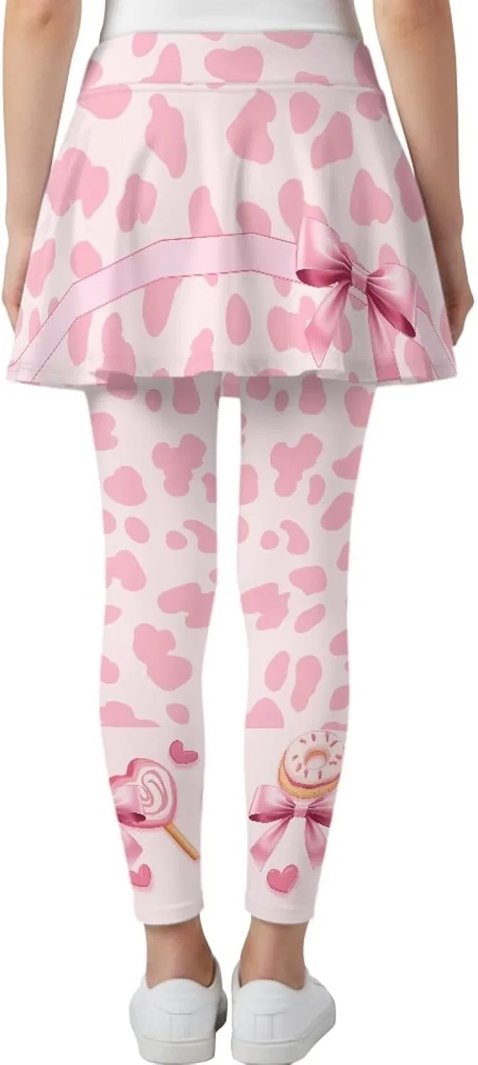 Леггинсы с юбкой для девочек Hresuewn, 2-в-1, Pink Heart Leopard Print Dessert — фото 2