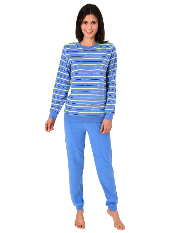 

NORMANN Пижамный комплект из махровой ткани с манжетами и полосатой кофточкой - 49948, светло-голубой цвет