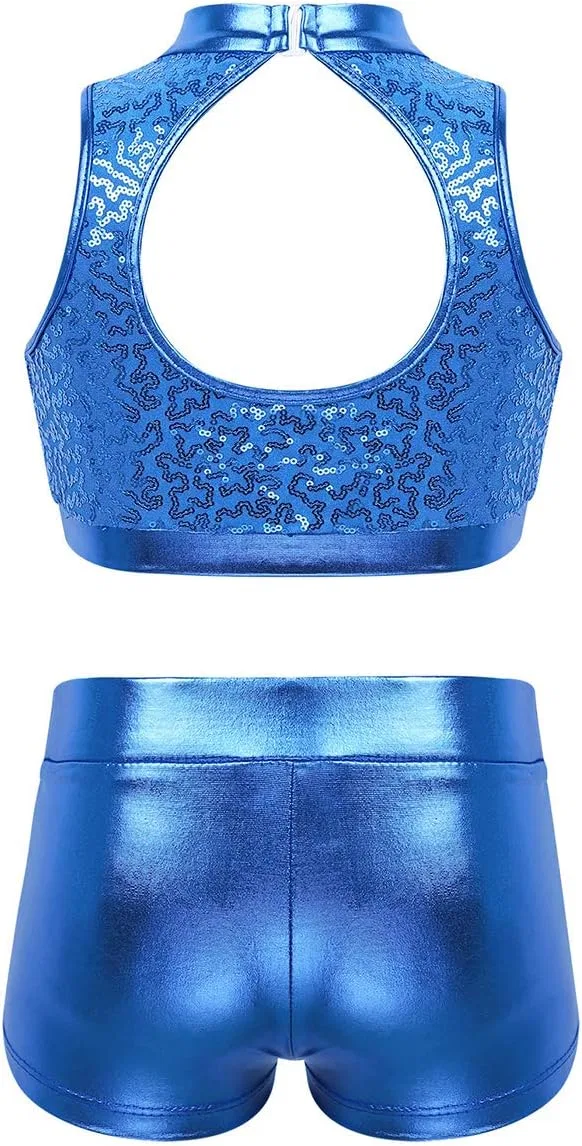 Детский спортивный комплект топ и шорты YiZYiF, Zo Sequin Blue — фото 2
